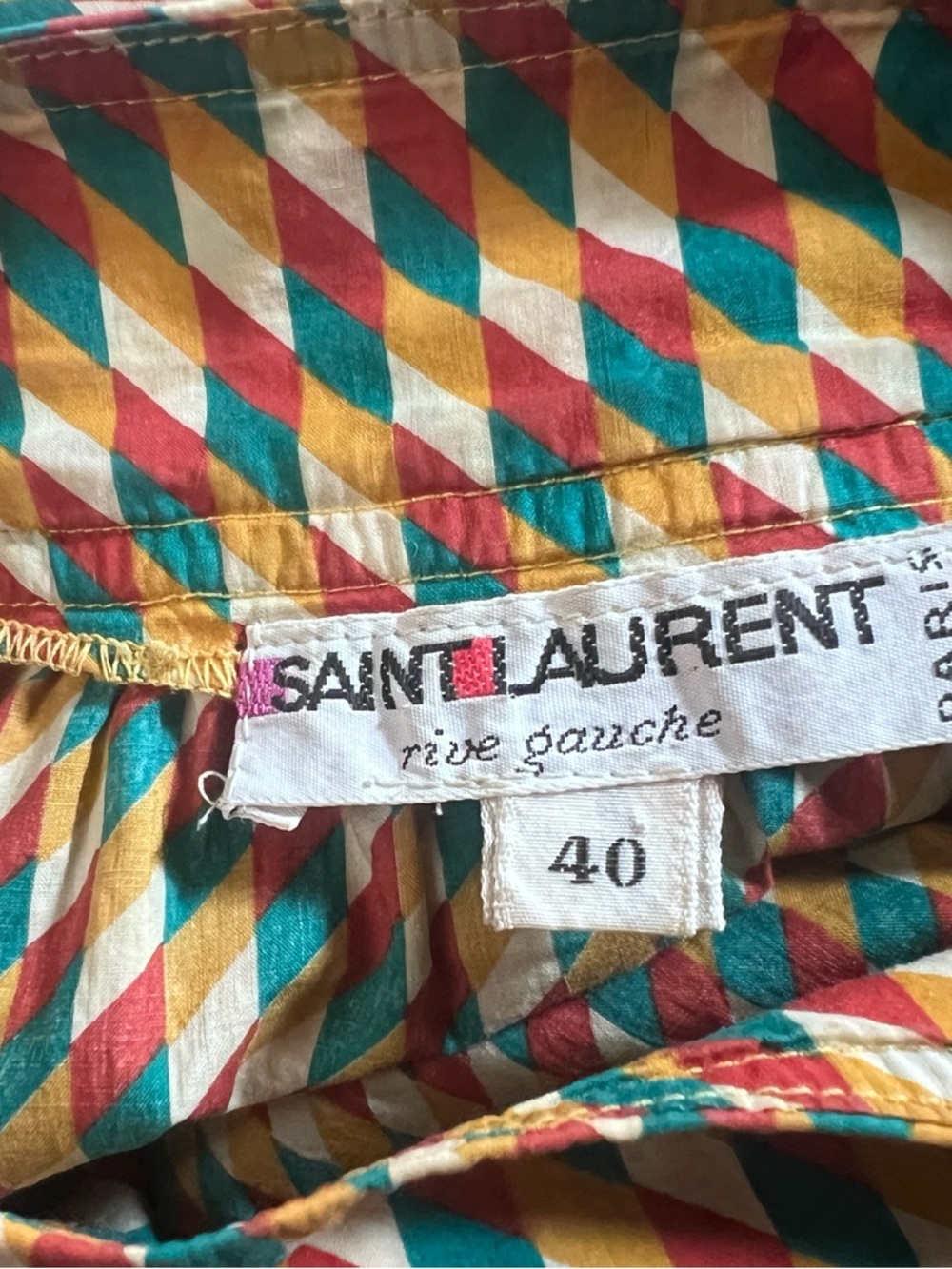 70’s Saint Laurent Multicolor Harlequin Print Button Front Blouse - Picture 3 of 4